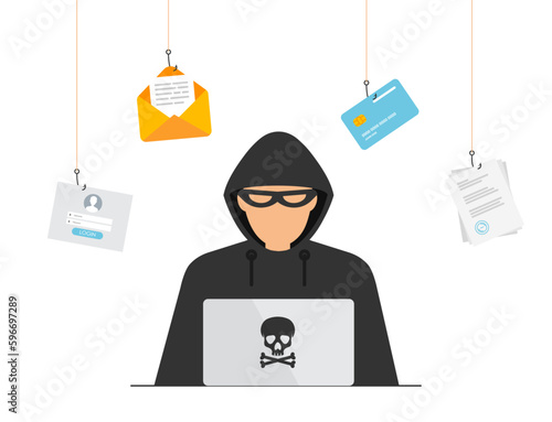 Hacker in black hood sitting at laptop. Cyber criminal hacking user login. Process of stealing personal data, document, mail, credit card. Vector illustration.