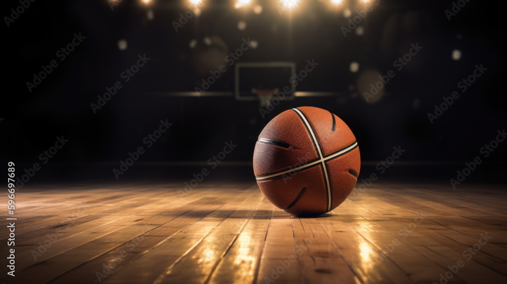 Basketball on wooden floor with stadium background Basketball on wooden floor with stadium background