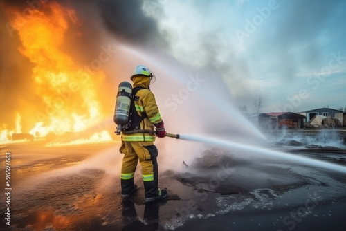 Firefighter training in fire, using fire hose chemical water foam spray engine, big fire background