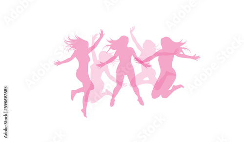 silhouette colorate di ragazze che saltano su sfondo bianco,