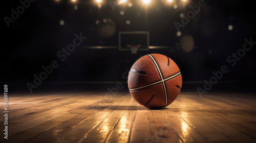 Basketball on wooden floor with stadium background