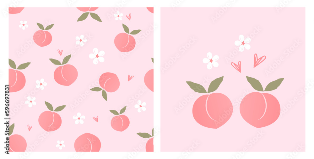 Seamless pattern of peach fruit with green leaves on pink background vector illustration.