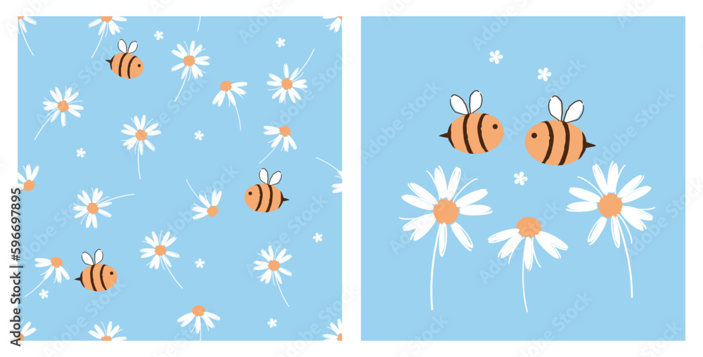 Seamless pattern with bee cartoons and daisy flower on blue background vector illustration.