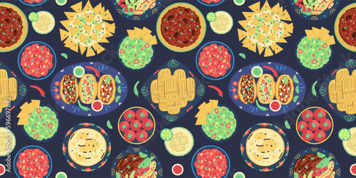 Dark background with traditional mexican food. Mexican cuisine. Tacos, tortilla, fajitas, nachos, tomales, guacamole, salsa, margarita, chili con carne. Design for banner, header. Vector illustration