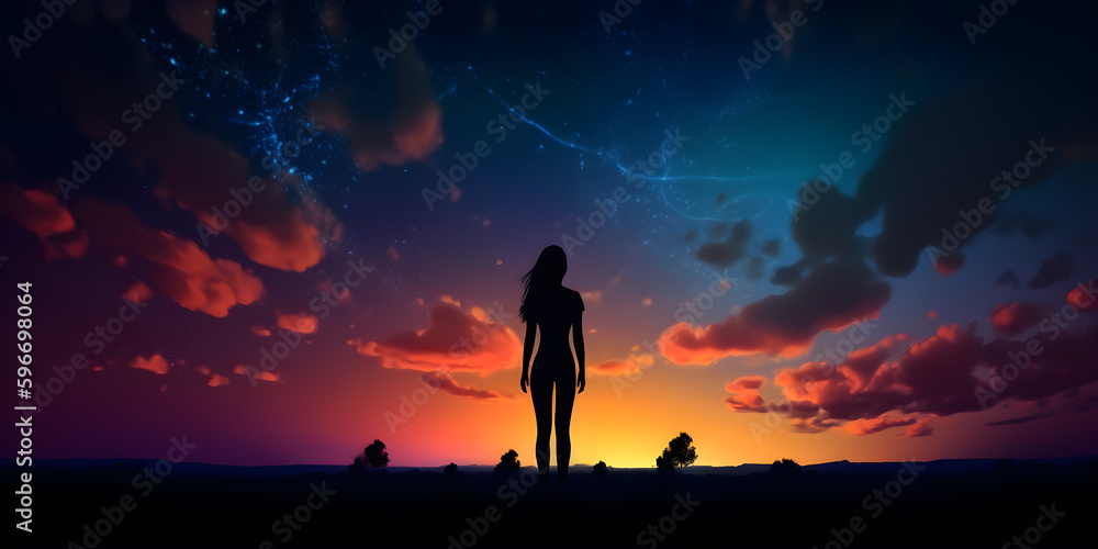 silhouette of a girl on a mountain, silhouette of woman, girl, night, harmony, loneliness wallpaper flare, silhouette of a person in the forest, Generative AI
