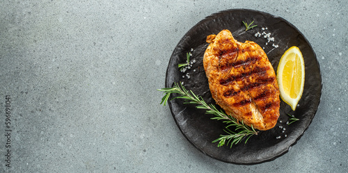grilled chicken fillet. Healthy fats, clean eating for weight loss. Long banner format. top view