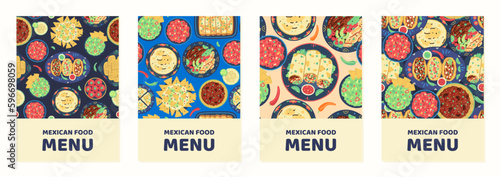 Vector set of a4 templates with patterns of traditional mexican food such as tacos, burritos, guacamole, salsa, fajitas, etc. Designs for menu covers, cookbooks, posters, banners. Mexican cuisine