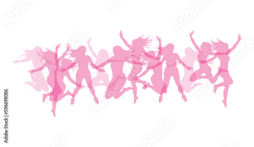 silhouette colorate di ragazze che saltano su sfondo bianco,