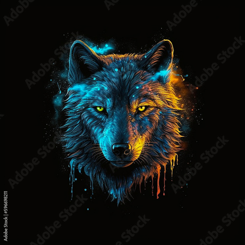 a wolf with a glowing face in the dark with a fire and ice background and a black background with a blue light coming from its, Generative AI