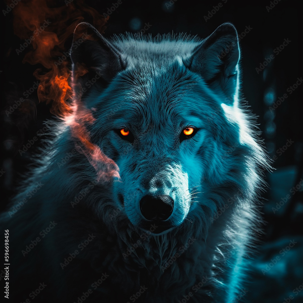a wolf with a glowing face in the dark with a fire and ice background and a black background with a blue light coming from its, Generative AI