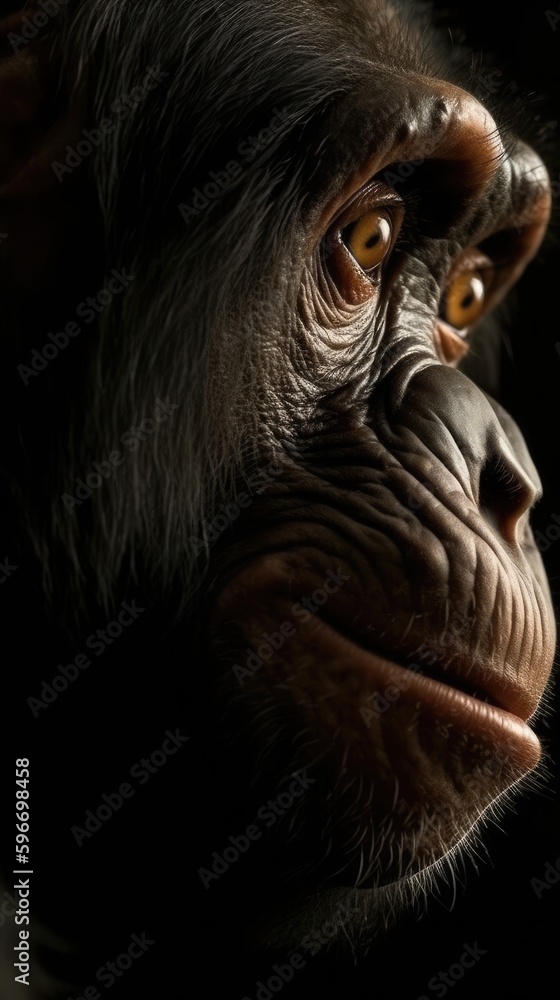Primate Gaze - An Intriguing Close-Up of a Chimpanzee's Head, Generative AI