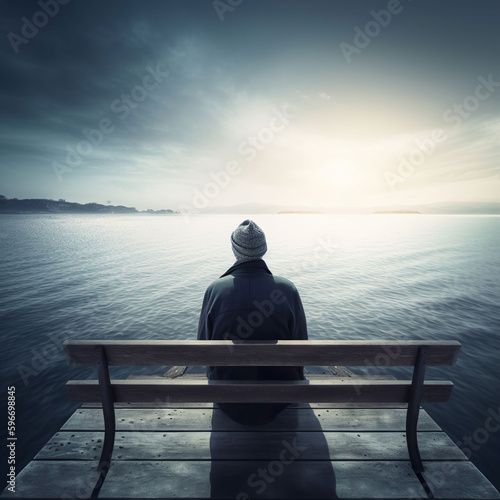 An older man sitting on a bench against a sea background. A.I. generated. 
