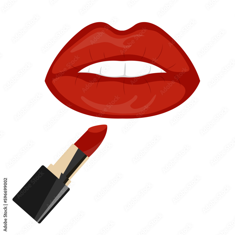 Red female lips with red lipstick. Isolated vector illustration on a white background Red female lips with red lipstick. Isolated vector illustration on a white background