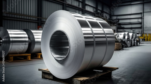 Packed coils of galvanized steel sheet in the warehouse steel plant. Metal rolls in manufacture. AI Generative.