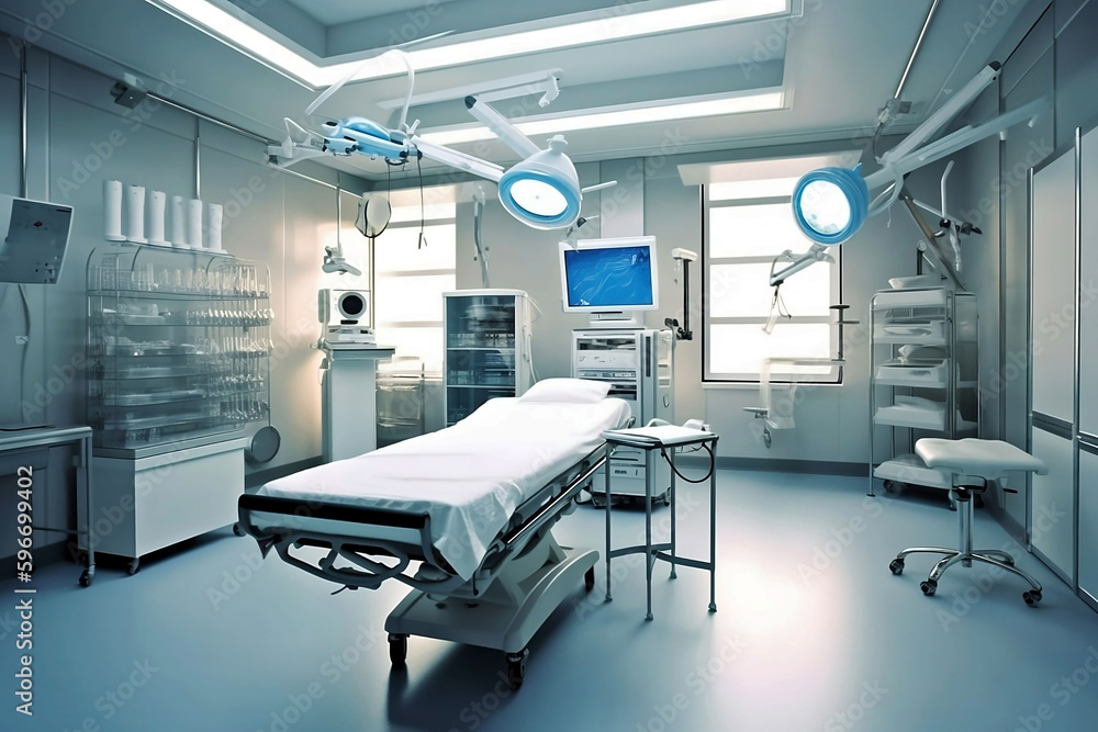 Modern Hospital Room with Natural Lighting, Delivery Bed, and Birthing/Operating Equipment in Light Blue and White Colors