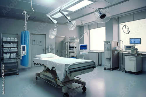 Modern Hospital Room with Natural Lighting  Delivery Bed  and Birthing Operating Equipment in Light Blue and White Colors