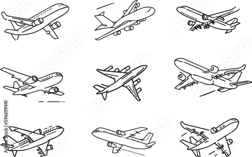 set of airplanes line art vector illustrations
