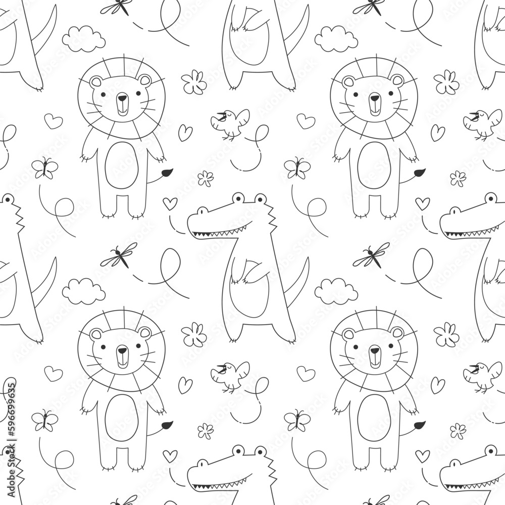 seamless pattern with African animals crocodile and lion in Scandinavian style doodle vector illustration. Cute vector illustration for baby kid textule, fabric, wallpaper design. Hand drawn seamless pattern with African animals crocodile and lion in Scandinavian style doodle vector illustration. Cute vector illustration for baby kid textule, fabric, wallpaper design. Hand drawn