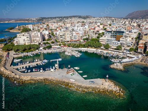 Aerial view of the marina at the bustling tourist resort of Nea Chora in Chania, Crete, Greece