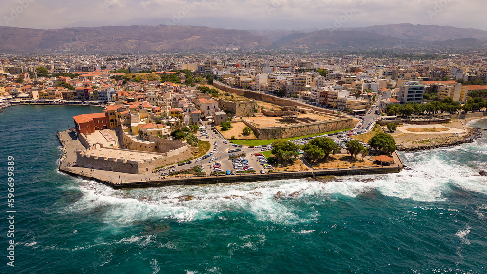 Aerial view of the port of the ancient Venetian era city of Chania on the Greek island of Crete