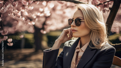 Print op canvas Beautiful business woman in sunglasses sitting on bench in a cherry blossom park