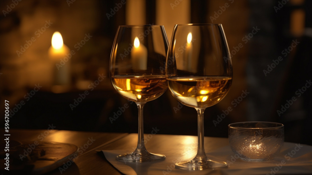 2 Glässer Weißwein bei romanischem Ambiente mit Kerzenschein. Generative Ai. 2 Glässer Weißwein bei romanischem Ambiente mit Kerzenschein. Generative Ai.