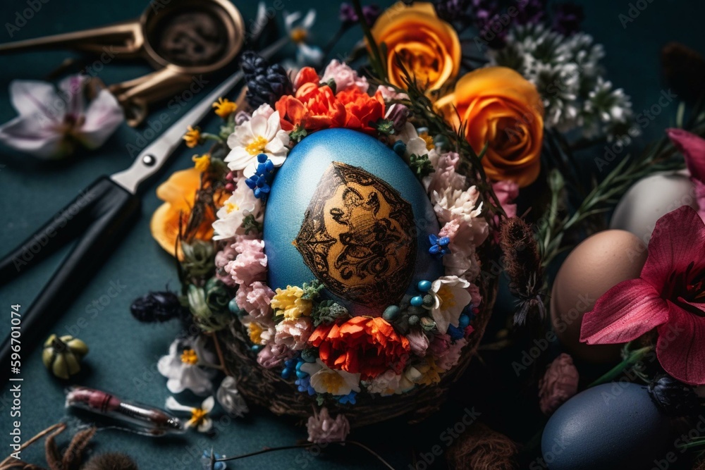 Colorful Easter egg adorned with flowers and tools. Generative AI