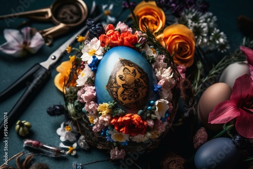 Colorful Easter egg adorned with flowers and tools. Generative AI