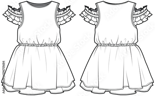Kids Girl Frilled Sleeve Cold Shoulder Layered Dress Front and Back View. Fashion Illustration, Vector, CAD, Technical Drawing, Flat Drawing, Template, Mockup.	