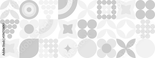 Geometric shapes in the form of fruits and vegetables, a trendy background of gray and white flowers for the menu in the restaurant. Vegetarian food is drawn with simple shapes seamless pattern.