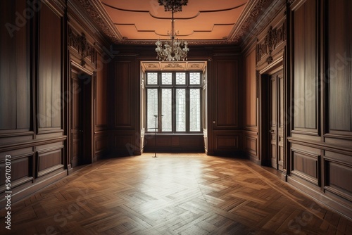 Classic wood-paneled interior with decorative molding, parquet flooring, and room for text. Generative AI