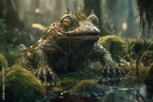 A menacing mud   moss monster in a surreal swamp. Created with Daz Studio s 3D rendering. Generative AI