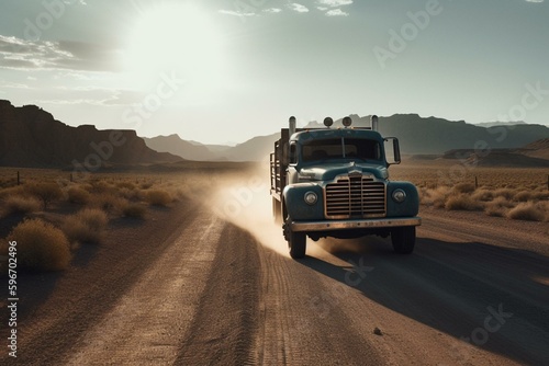 Isolated image of an American truck driving down a road. Generative AI