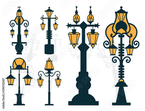 Street lamp vector set. laser cut Retro street light pillars and lantern poles © saju