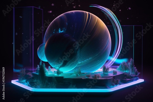 Celestial-themed neon diorama with planet & star display on a product pedestal in pastel colors, set in space. Generative AI