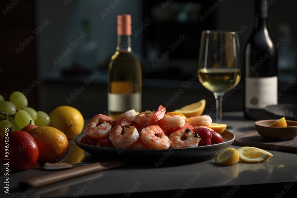 grilled shrimps with lemon and basil, ai generative