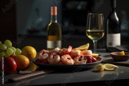 grilled shrimps with lemon and basil, ai generative