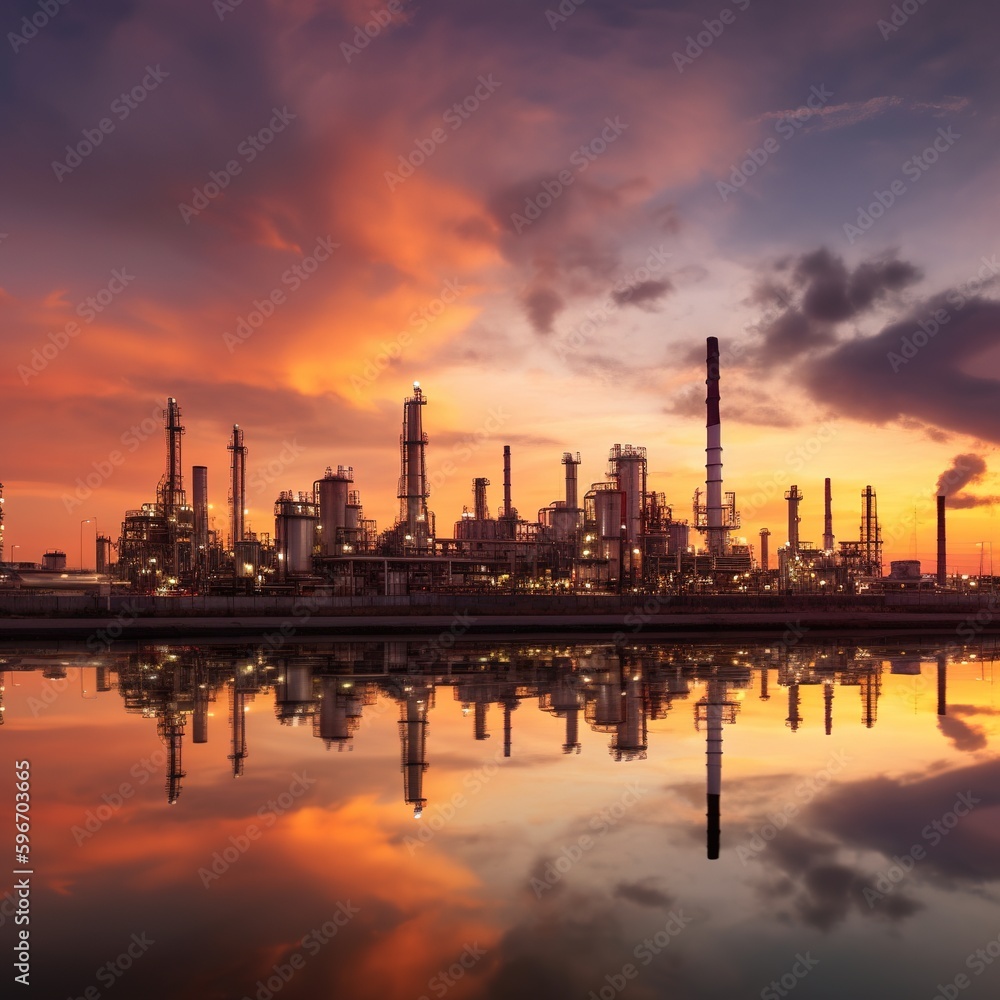 Petrochemical or oil refinery facility with sunset sky as background. generative ai