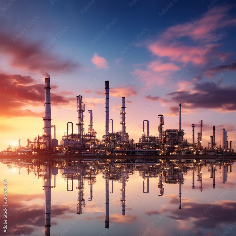 Oil and gas refinery plant or petrochemical industry on sky sunset background. generative ai