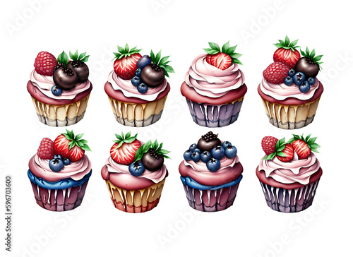 Watercolor cupcakes, on a white background.