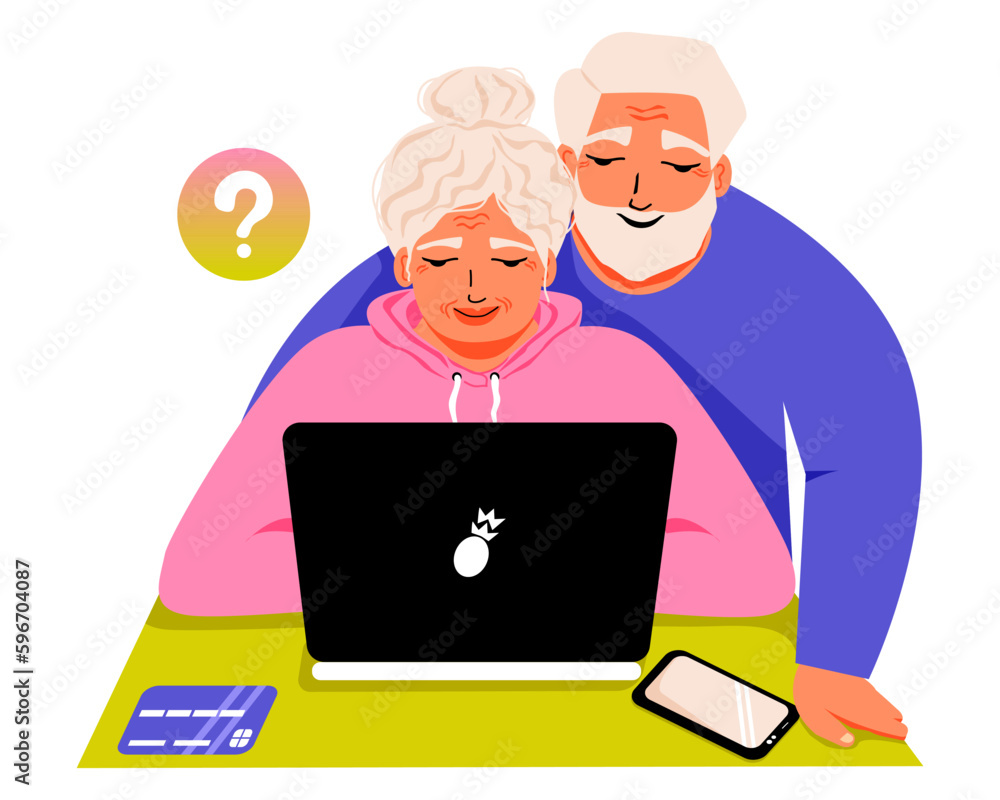 Elderly couple chooses products online on laptop. Online electronic payment at computer. Aged people buying smth through internet and paying with credit card on the website. Old Woman sitting. Vector Elderly couple chooses products online on laptop. Online electronic payment at computer. Aged people buying smth through internet and paying with credit card on the website. Old Woman sitting. Vector