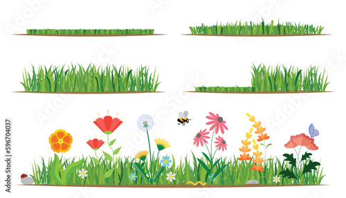 Flower and grass flat icon set and illustration. Various colorful garden and field flowers and mowed and unmowed grass.
