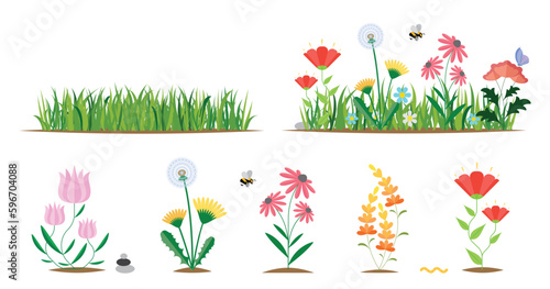 Flower and grass flat icon set isolated on white. Various colorful garden flowers and field flowers.