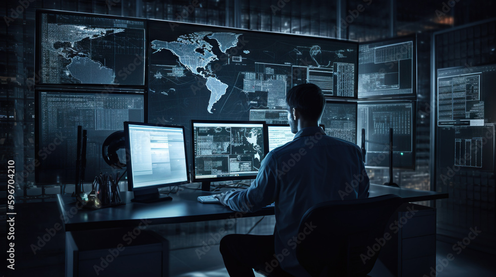 Man Controlling Complicated Systems for Worldwide Trade Generative AI Photo Man Controlling Complicated Systems for Worldwide Trade Generative AI Photo