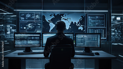 Fotografiet Security Analyst in Front of Large Computer Workspace With Multiple Monitors Gen