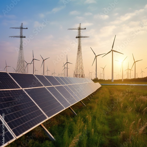 Solar energy panel photovoltaic cell and wind turbine farm power generator in nature landscape for production of renewable green energy is friendly industry. generative ai photo