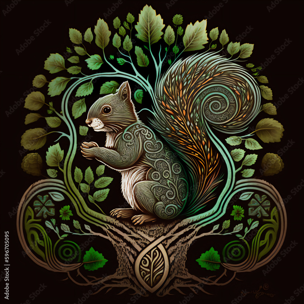 Squirrel, Ratatöskr in Celtic tree of life, Yggdrasil, nordic mythology