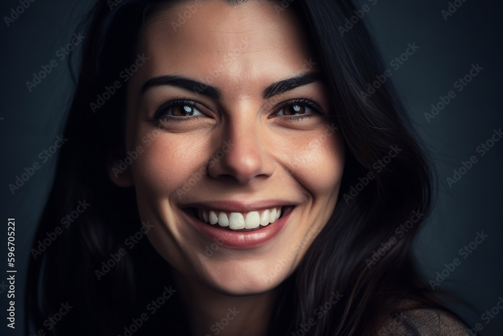 Close-up portrait of charming woman casual portrait in positive view, big smile. Caucasian brunette portrait woman. Generative AI Close-up portrait of charming woman casual portrait in positive view, big smile. Caucasian brunette portrait woman. Generative AI