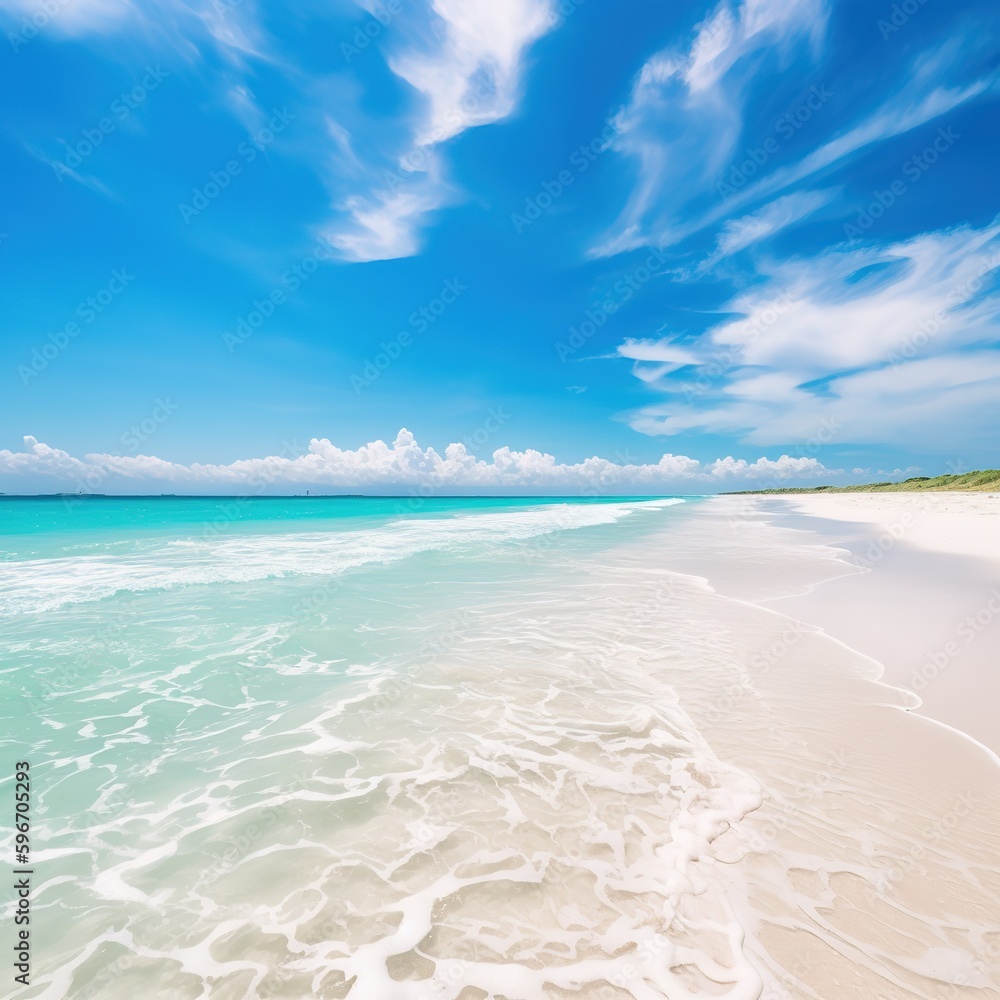 Beach holiday background. Beautiful beach with white sand, turquoise ocean water and blue sky with clouds in sunny day. generative