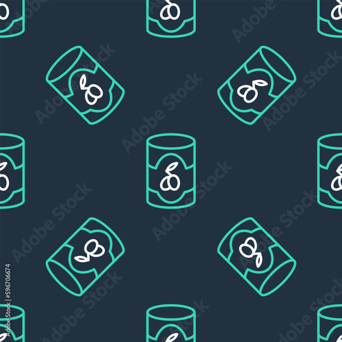 Line Olives in can icon isolated seamless pattern on black background. Concept of canned food. Vector